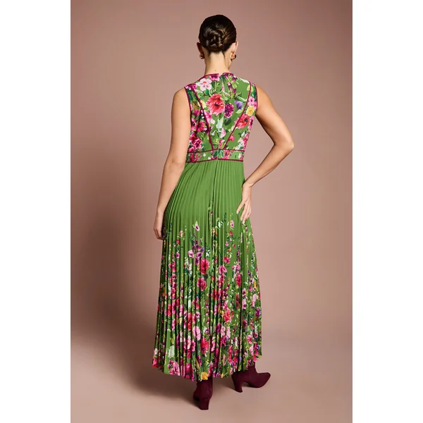 Robe Midi Imprimée Lisa Tan à Corsage Plissé et Passepoilé