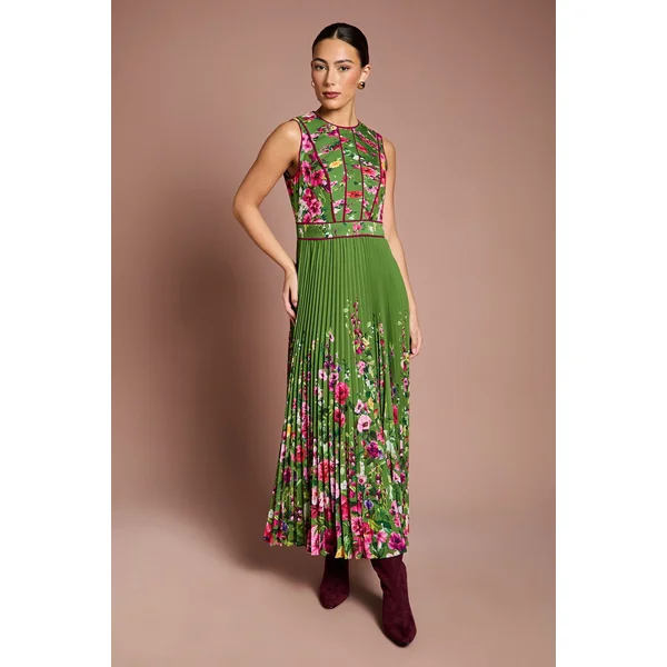 Robe Midi Imprimée Lisa Tan à Corsage Plissé et Passepoilé