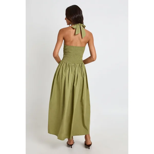 Robe Midi Plissée En Popeline De Coton Avec Encolure Dos-nu Coupe Tall