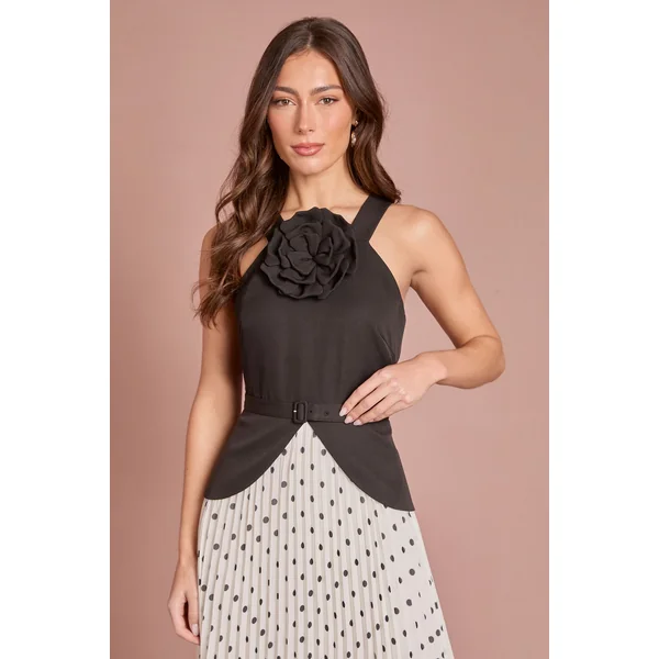Robe Midi Plissée À Imprimé À Pois Avec Détail Corsage À Basque Petite Lisa Tan