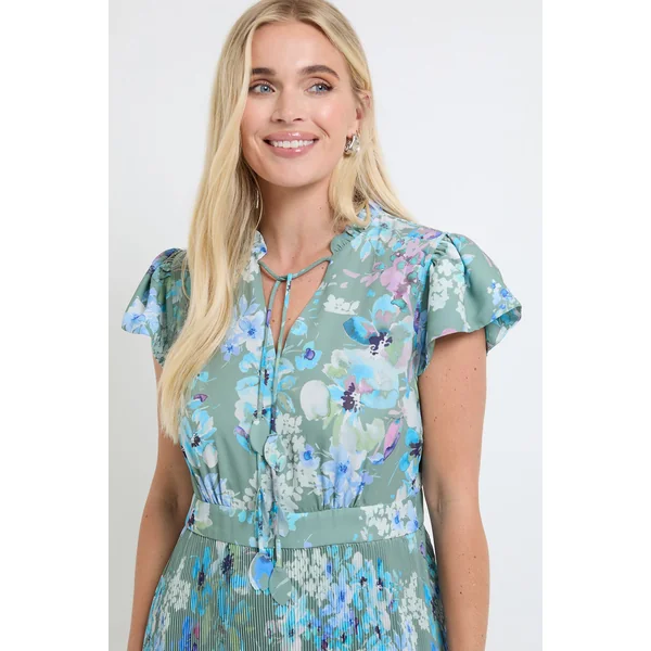 Robe Midi Plissée À Volants Floraux Et Encolure Nouée Petite