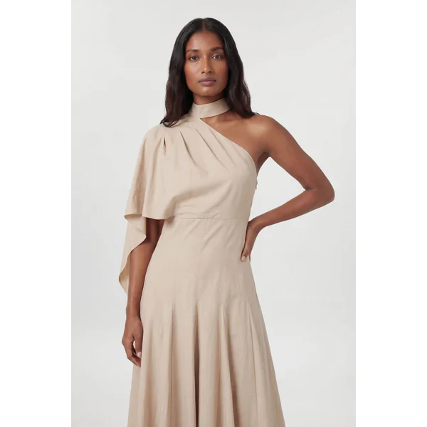Robe Midi Premium Ajustée En Lin À Col Montant Et Épaule Asymétrique