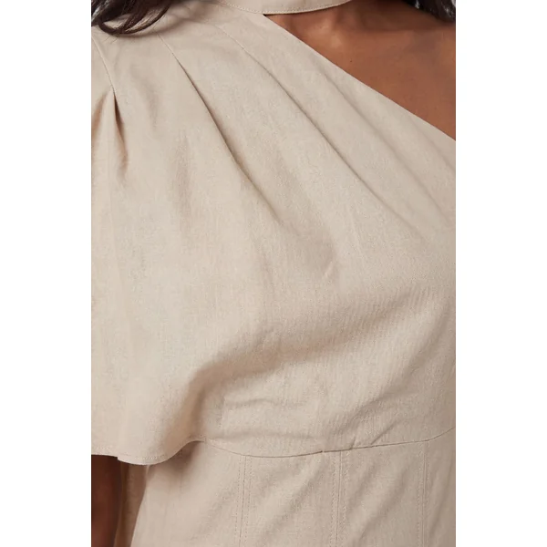Robe Midi Premium Ajustée En Lin À Col Montant Et Épaule Asymétrique