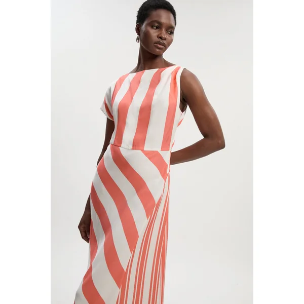 Robe Midi Tissée Asymétrique à Rayures en Mélange Viscose Lin