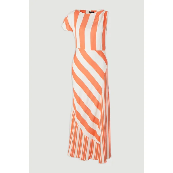 Robe Midi Tissée Asymétrique à Rayures en Mélange Viscose Lin