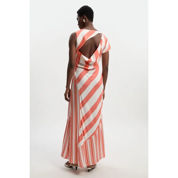 Robe Midi Tissée Asymétrique à Rayures en Mélange Viscose Lin