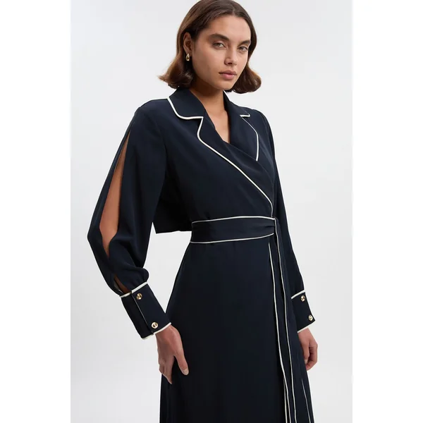 Robe Midi Trench Tissée à Manches Longues avec Taille Nouée et Liseré Contrastant Petite