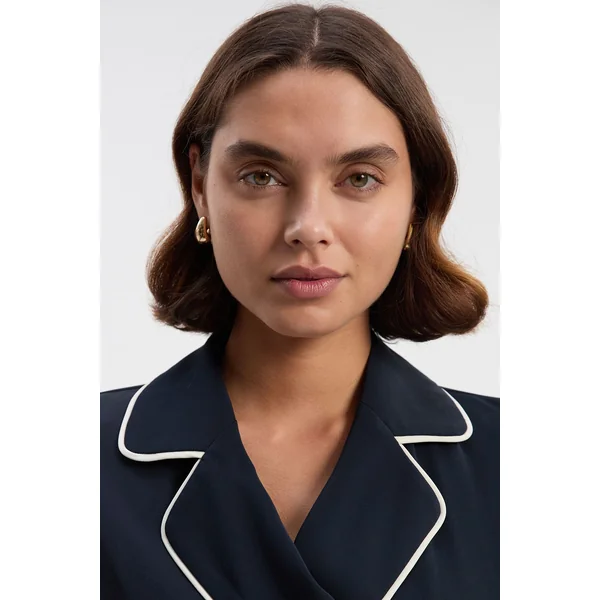 Robe Midi Trench Tissée à Manches Longues avec Taille Nouée et Liseré Contrastant Petite