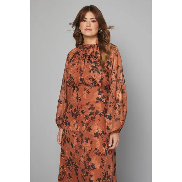 Robe Midi à Col Noué Motif Floral Dévoré