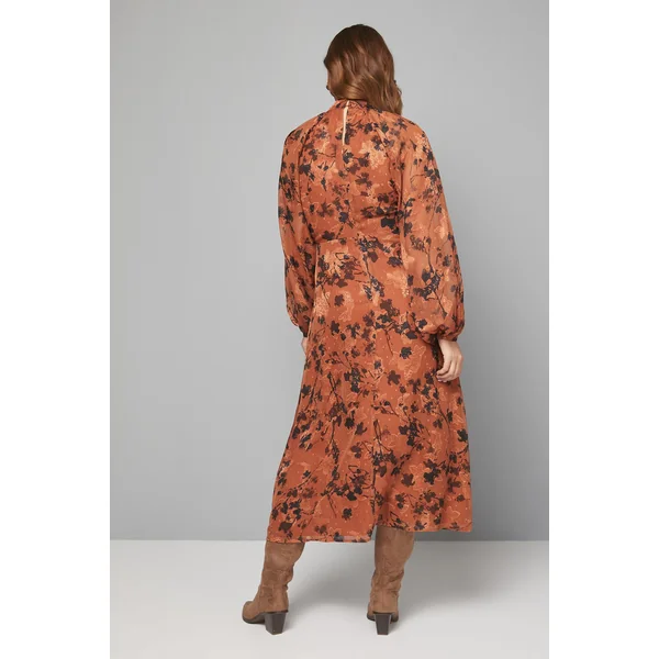 Robe Midi à Col Noué Motif Floral Dévoré