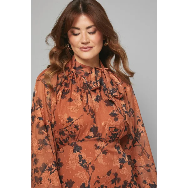 Robe Midi à Col Noué Motif Floral Dévoré
