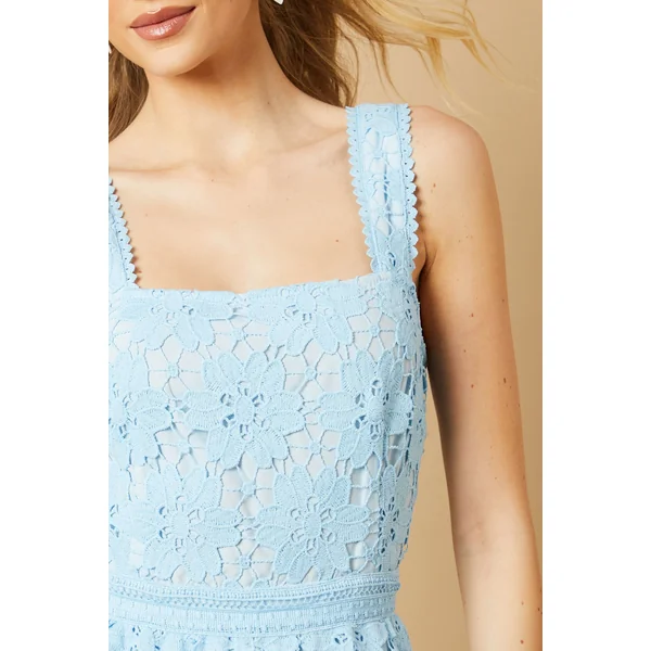 Robe Midi à Encolure Carrée avec Détails en Dentelle Florale