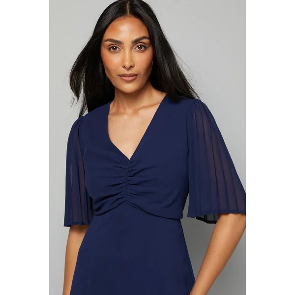 Robe Midi à Encolure en V avec Inserts Plissés Petite