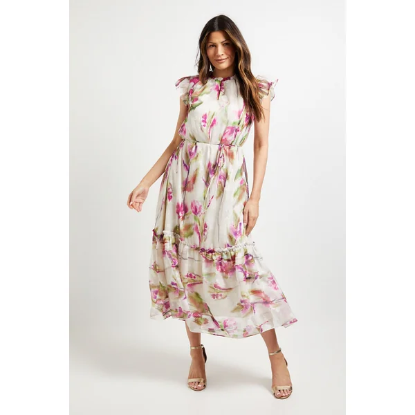 Robe Midi à Volants Motif Floral Dévoré