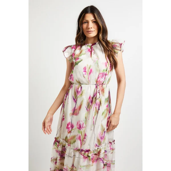 Robe Midi à Volants Motif Floral Dévoré