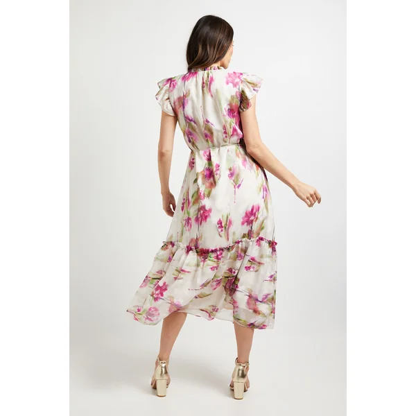 Robe Midi à Volants Motif Floral Dévoré