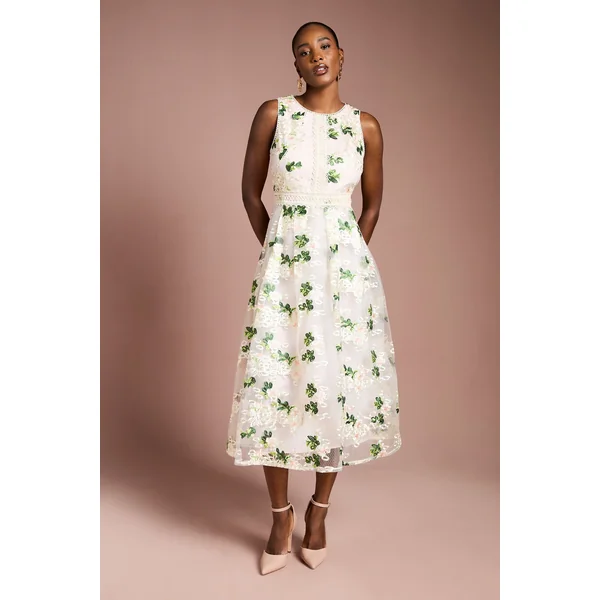Robe Midi Évasée à Maille Brodée et Finitions Dentelle