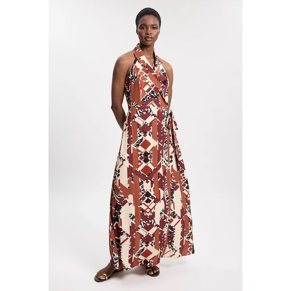 Robe Mi-longue En Crêpe De Viscose À Imprimé Abstrait Et Col Licou