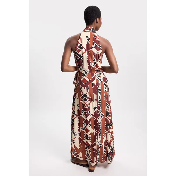 Robe Mi-longue En Crêpe De Viscose À Imprimé Abstrait Et Col Licou