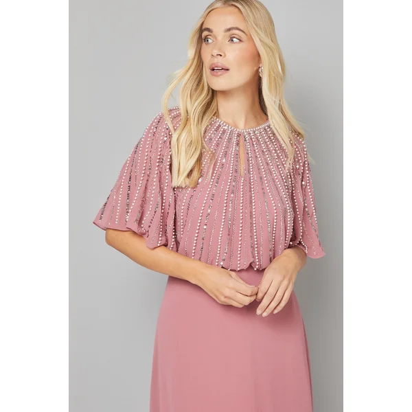 Robe Mi-Longue Ornée de Broderies Linéaires Petite Taille