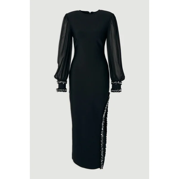 Robe Mi-Longue à Forme Ajustée et Manches en Mousseline Ornementées