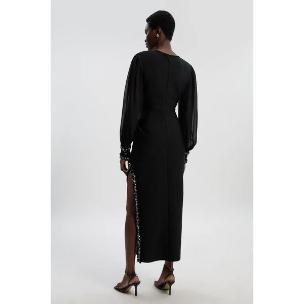 Robe Mi-Longue à Forme Ajustée et Manches en Mousseline Ornementées