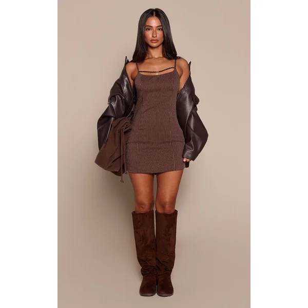 Robe Mini Moulante Petite À Fines Rayures Avec Bretelles Et Détail Ceinture