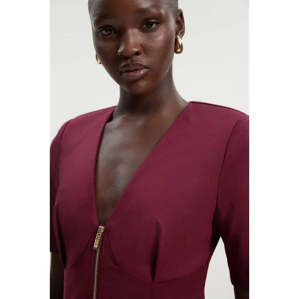 Robe Mini Tissée Manches Courtes Détail Zip en Coton Techno Tall