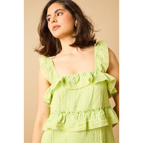 Robe Mini à Bretelles avec Détails Broderie Anglaise à Volants