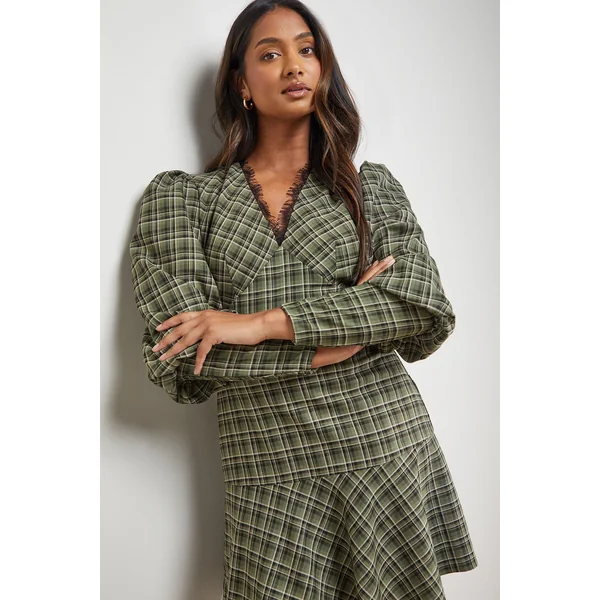 Robe Mini à Carreaux avec Encolure en Dentelle et Manches Bouffantes