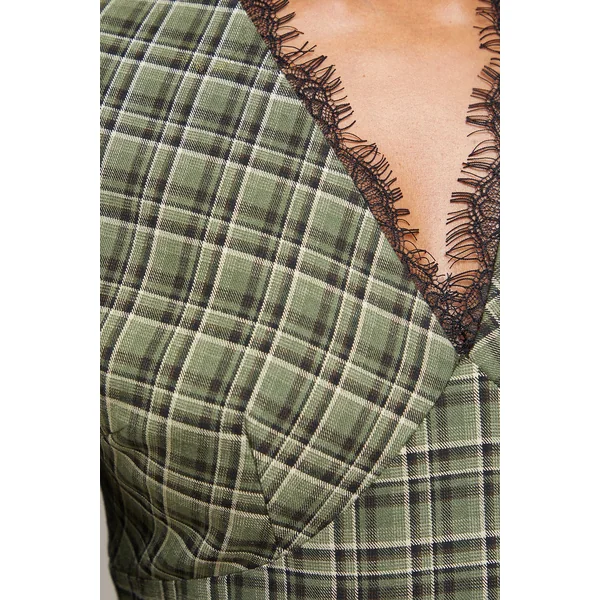 Robe Mini à Carreaux avec Encolure en Dentelle et Manches Bouffantes
