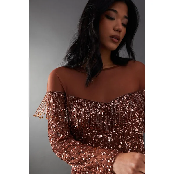 Robe Mini à Empiècement en Franges et Sequins Brodés à la Main