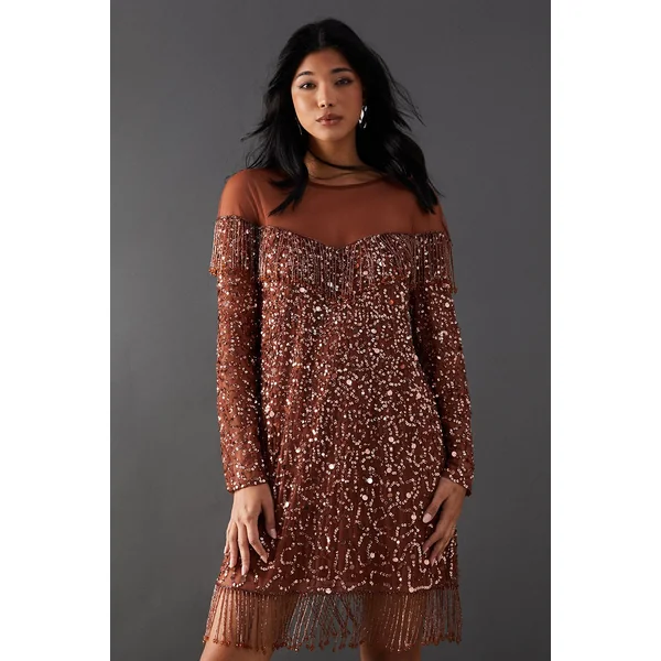 Robe Mini à Empiècement en Franges et Sequins Brodés à la Main