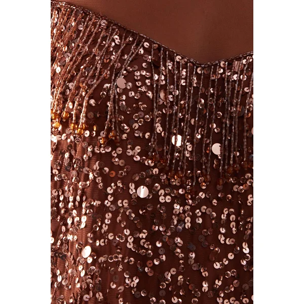 Robe Mini à Empiècement en Franges et Sequins Brodés à la Main
