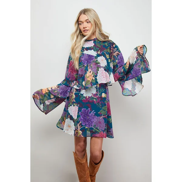 Robe Mini à Manches Cape Volantées