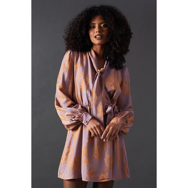 Robe Mini Évasée en Satin à Motif Jacquard Rose avec Col Noué
