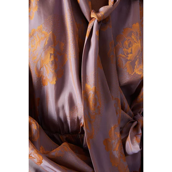 Robe Mini Évasée en Satin à Motif Jacquard Rose avec Col Noué