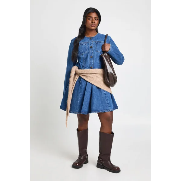 Robe Patineuse en Denim avec Boutons Grande Taille