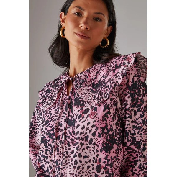 Robe Smock Mini à Col Surdimensionné et Détail Noué en Popeline Animal