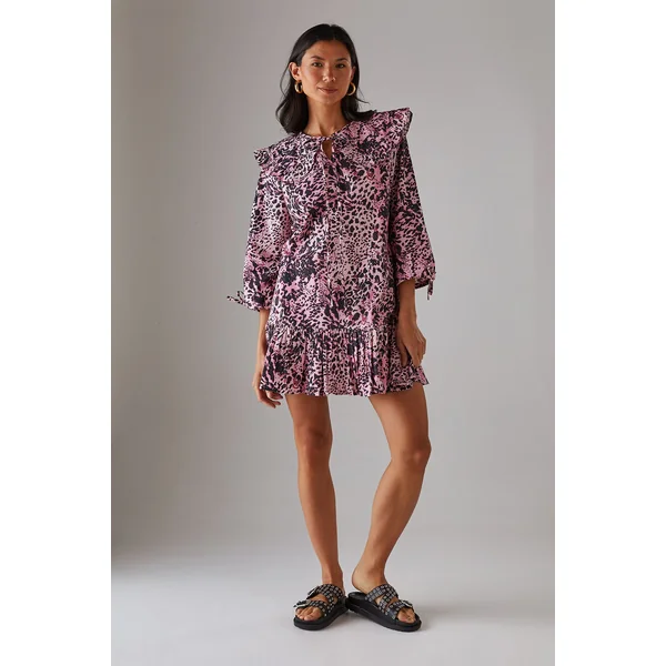 Robe Smock Mini à Col Surdimensionné et Détail Noué en Popeline Animal