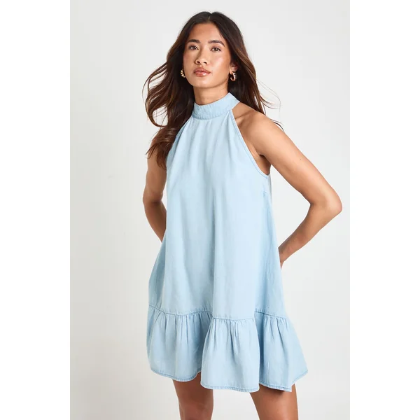 Robe Smockée Col Halter En Chambray