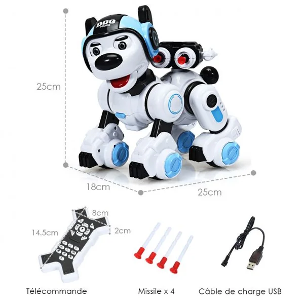 Robot Chien Intelligent Télécommandé pour Enfants de +6 Ans Danse Chante Tire Recharge USB 18x25x25 cm Blanc + Bleu