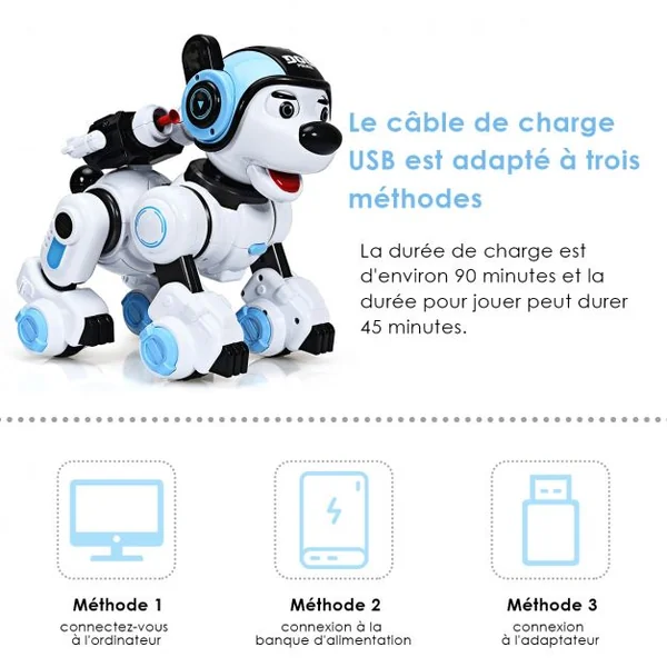Robot Chien Intelligent Télécommandé pour Enfants de +6 Ans Danse Chante Tire Recharge USB 18x25x25 cm Blanc + Bleu