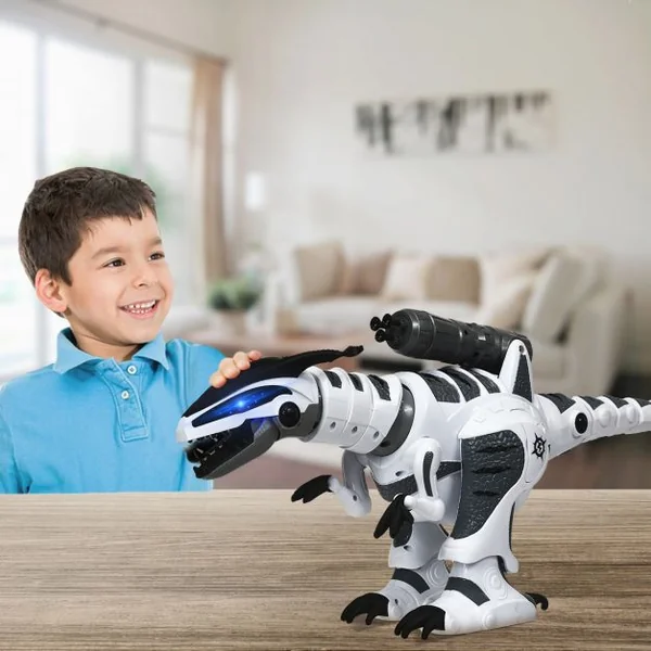 Robot Dinosaure Electrique avec 5 Missiles Sons Lumières Robot Télécommandé Batterie Lithium 3,7v 64x16x27cm Blanc