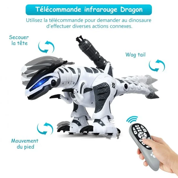 Robot Dinosaure Electrique avec 5 Missiles Sons Lumières Robot Télécommandé Batterie Lithium 3,7v 64x16x27cm Blanc