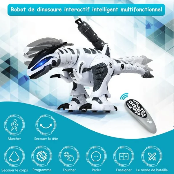 Robot Dinosaure Electrique avec 5 Missiles Sons Lumières Robot Télécommandé Batterie Lithium 3,7v 64x16x27cm Blanc