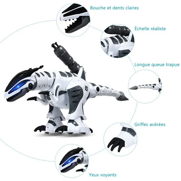 Robot Dinosaure Electrique avec 5 Missiles Sons Lumières Robot Télécommandé Batterie Lithium 3,7v 64x16x27cm Blanc