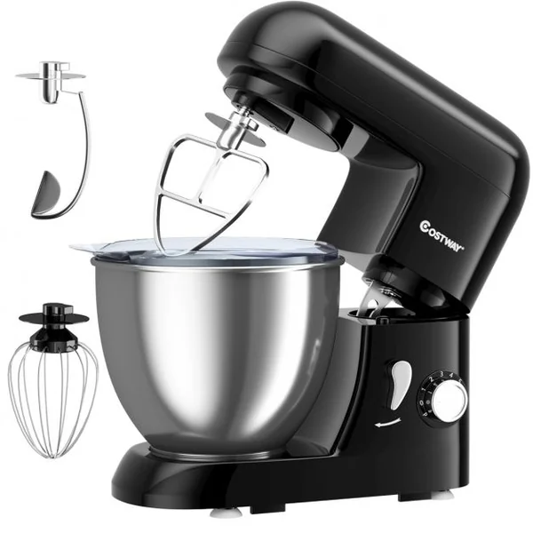 Robot Pâtissier 1300W Batteur Electrique avec Bol d'Acier Inox 4L à 6 Vitesses Réglables avec Batteur Fouet Crochet Noir