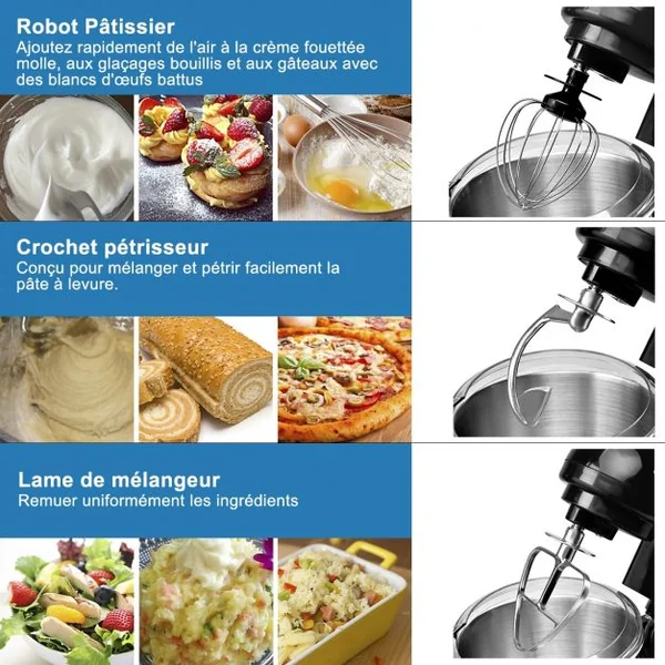 Robot Pâtissier 1300W Batteur Electrique avec Bol d'Acier Inox 4L à 6 Vitesses Réglables avec Batteur Fouet Crochet Noir