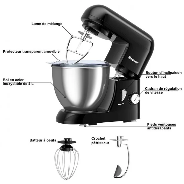 Robot Pâtissier 1300W Batteur Electrique avec Bol d'Acier Inox 4L à 6 Vitesses Réglables avec Batteur Fouet Crochet Noir